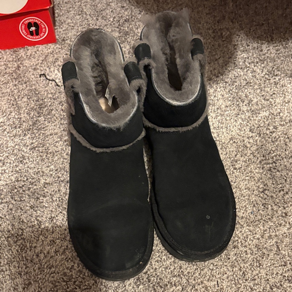 UGG Black Ankle Boots with Gray Fur Trim